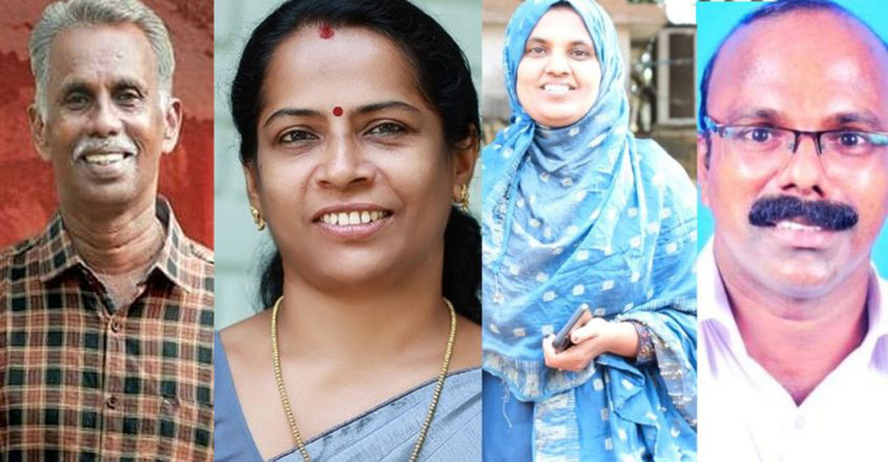 T Manikandan, LDF-backed independent candidate who won in Peroor in Lakkidi Gram Panchayat; Bindu Asokan, CPM candidate who won in Perunnillam ward; A Umaibha, UDF candidate who won in Kannur Corporation's Pallipram division and U Ramachandran, who won from Kakkoni ward in Kannur. Photo: Manorama