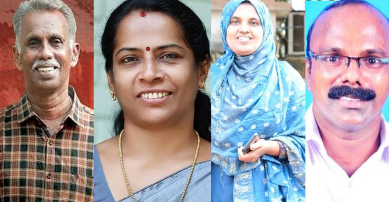 T Manikandan, LDF-backed independent candidate who won in Peroor in Lakkidi Gram Panchayat; Bindu Asokan, CPM candidate who won in Perunnillam ward; A Umaibha, UDF candidate who won in Kannur Corporation's Pallipram division and U Ramachandran, who won from Kakkoni ward in Kannur. Photo: Manorama
