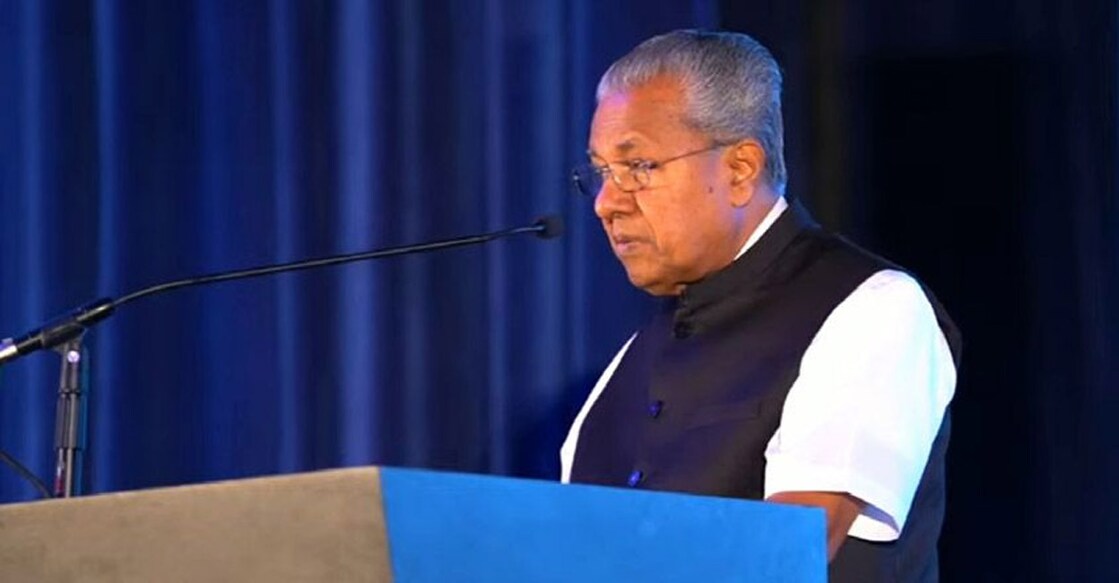 Chief Minister Pinarayi Vijayan speaking at the New York Regional Conference of the Loka Kerala Sabha. Screengrab: Manorama News