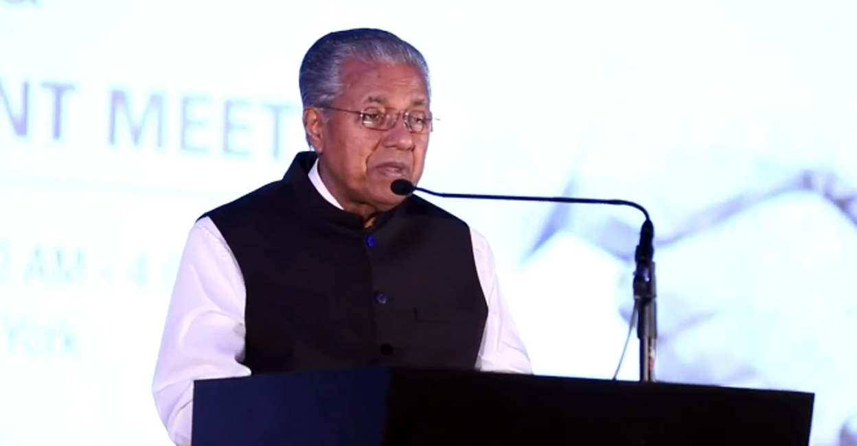 Kerala Chief Minister Pinarayi Vijayan addresses a Loka Kerala Sabha meeting in the US on Sunday. Photo: Screengrab/Facebook@PinarayiVijayan