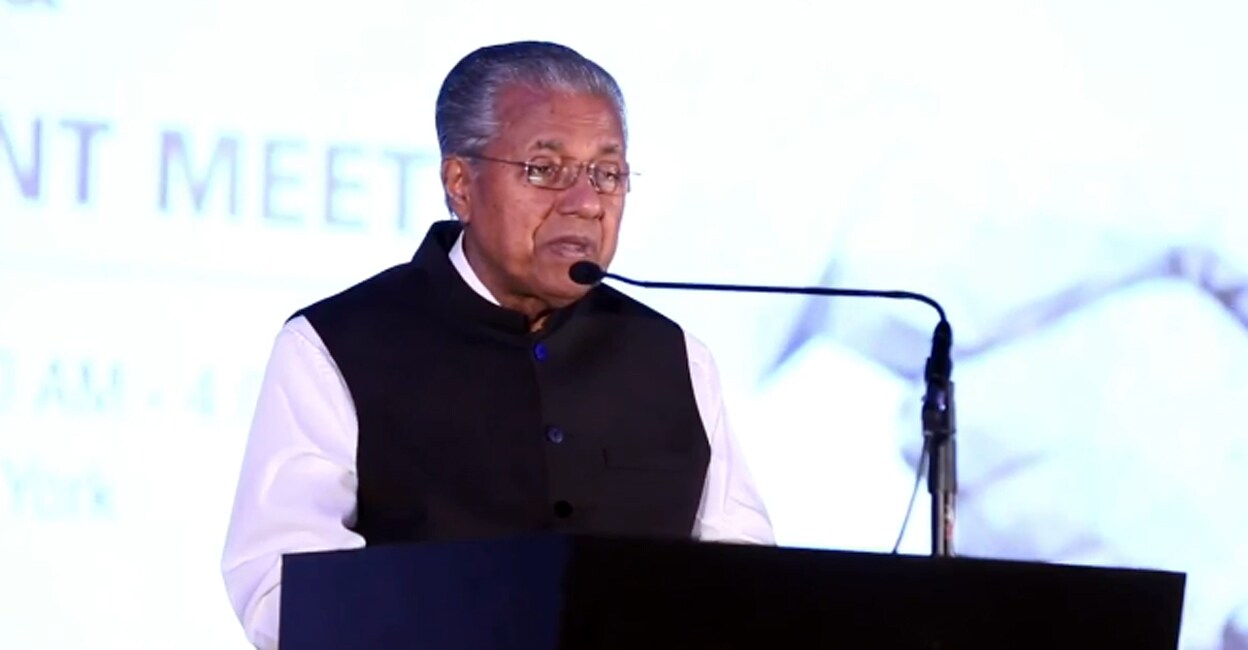 Kerala Chief Minister Pinarayi Vijayan addresses a Loka Kerala Sabha meeting in the US on Sunday. Photo: Screengrab/Facebook@PinarayiVijayan