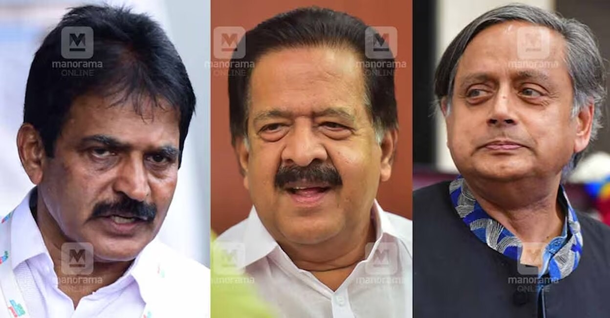 K C Venugopal, Ramesh Chennithala and Shashi Tharoor. Photo: Manorama
