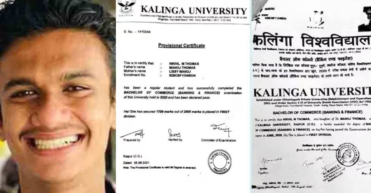 Nikhil Thomas fake degee In 2021, he enrolled for M.Com in the same college with degree certificates issued by Kalinga University in 2019-21. Photo: Screengrab/ Manorama News