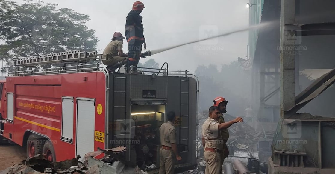 Steel factory Fireforce personnel try to douse fire at Kanjikode steel factory after blast. Photo: Manorama