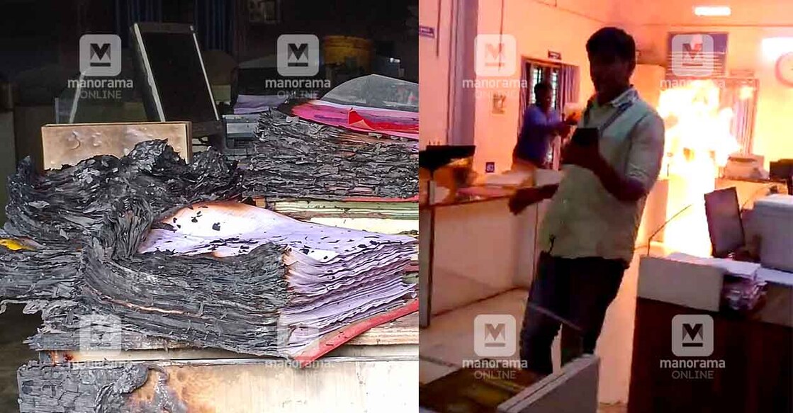 The files that were damaged in the fire; a screengrab of Mujeeb setting fire to the Keezhattur panchayat office. Photo: Manorama