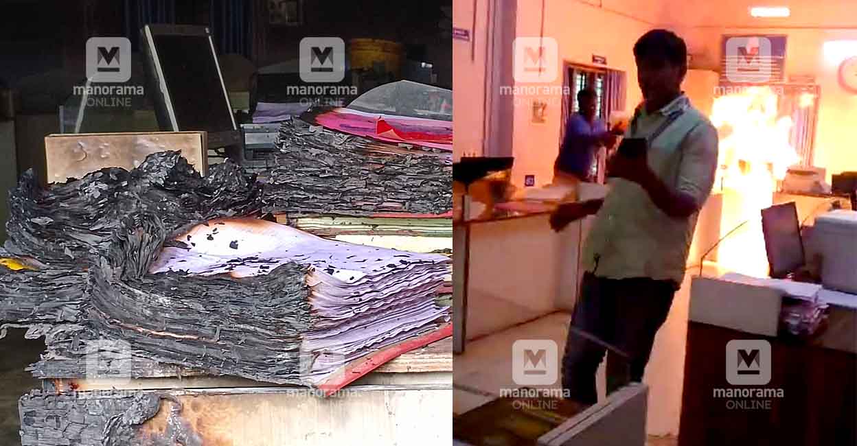 The files that were damaged in the fire; a screengrab of Mujeeb setting fire to the Keezhattur panchayat office. Photo: Manorama