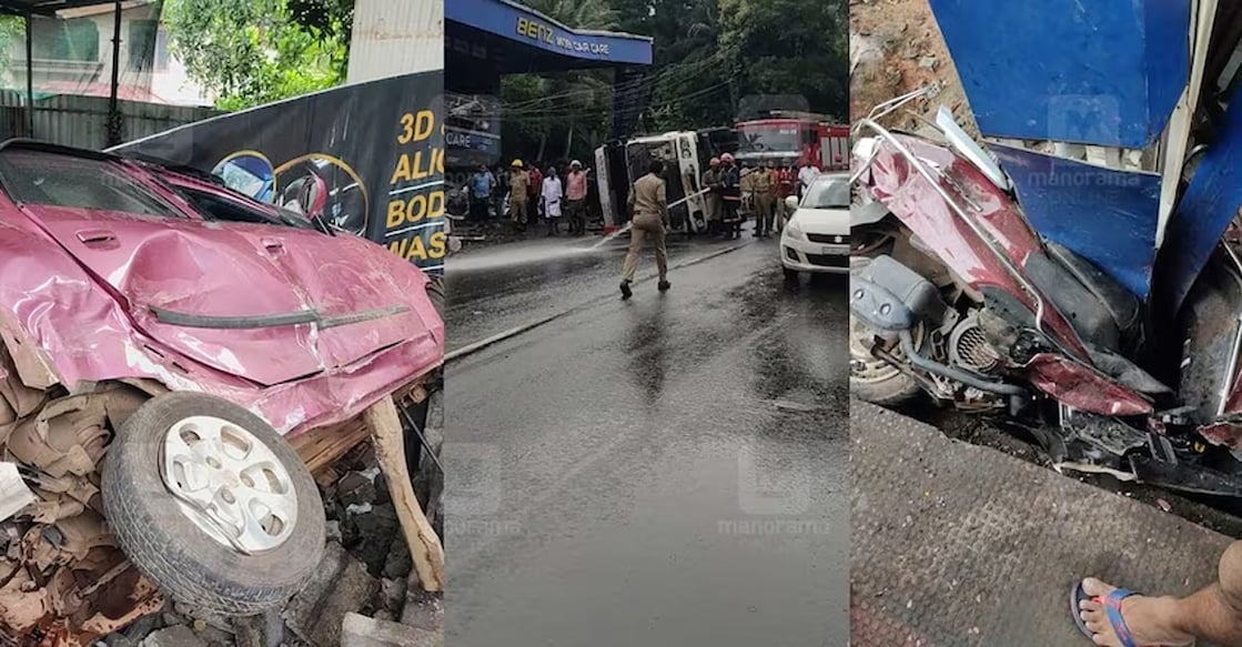 malappuram-multiple-vehicle-collision A collage showing the vehicles after the accident.