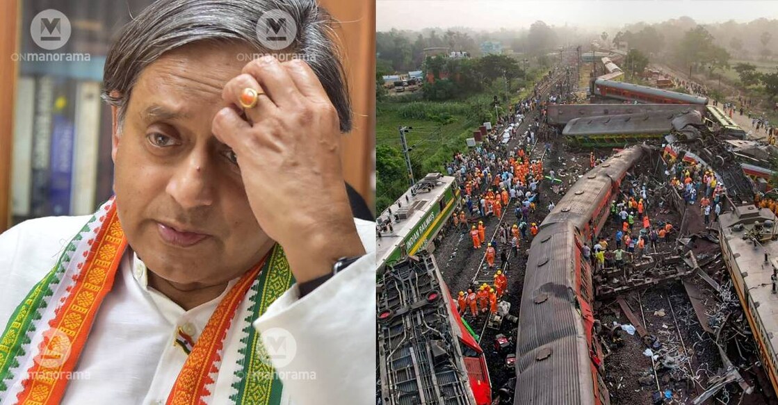 Shasho Tharoor and a view of train accident in Odisha 