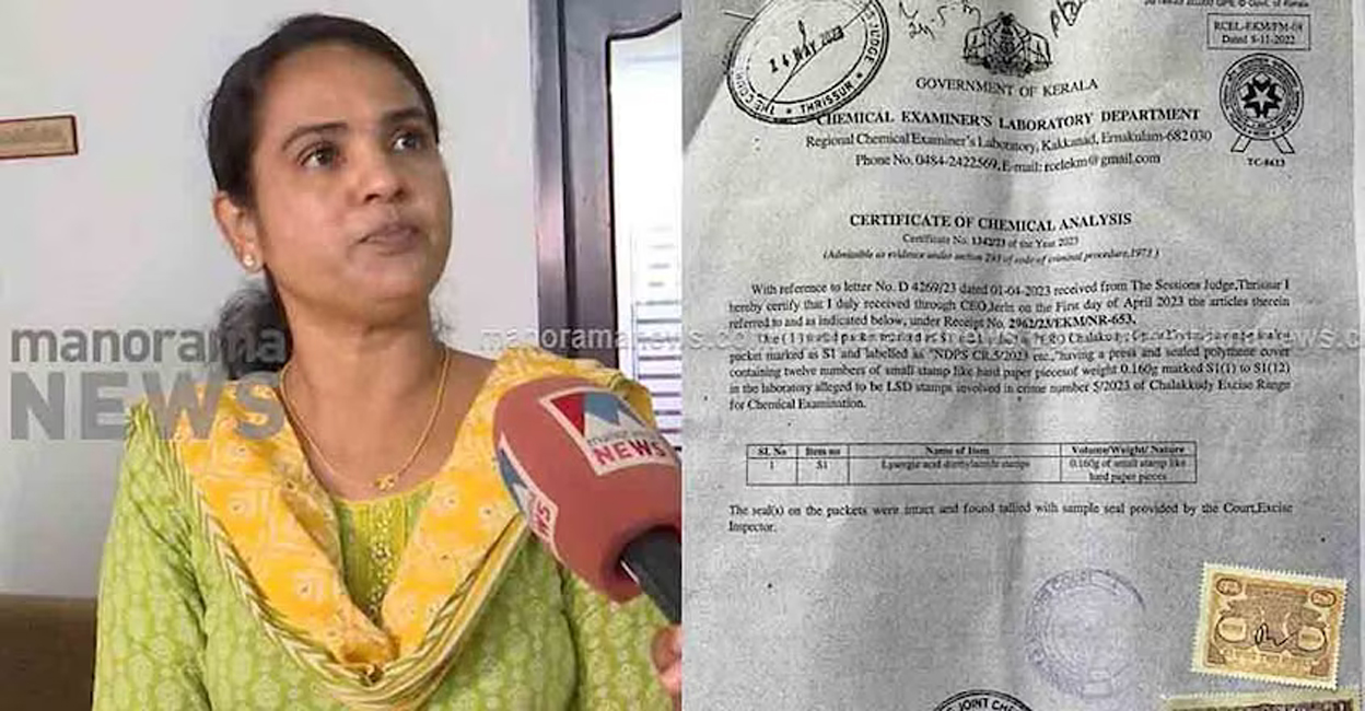 sheela-sunny-lsd-stamps Sheela Sunny talks to the media (left). A copy of the chemical analysis on the samples seized from her beauty parlous on February 27. Photos: Screengrab/Manorama News
