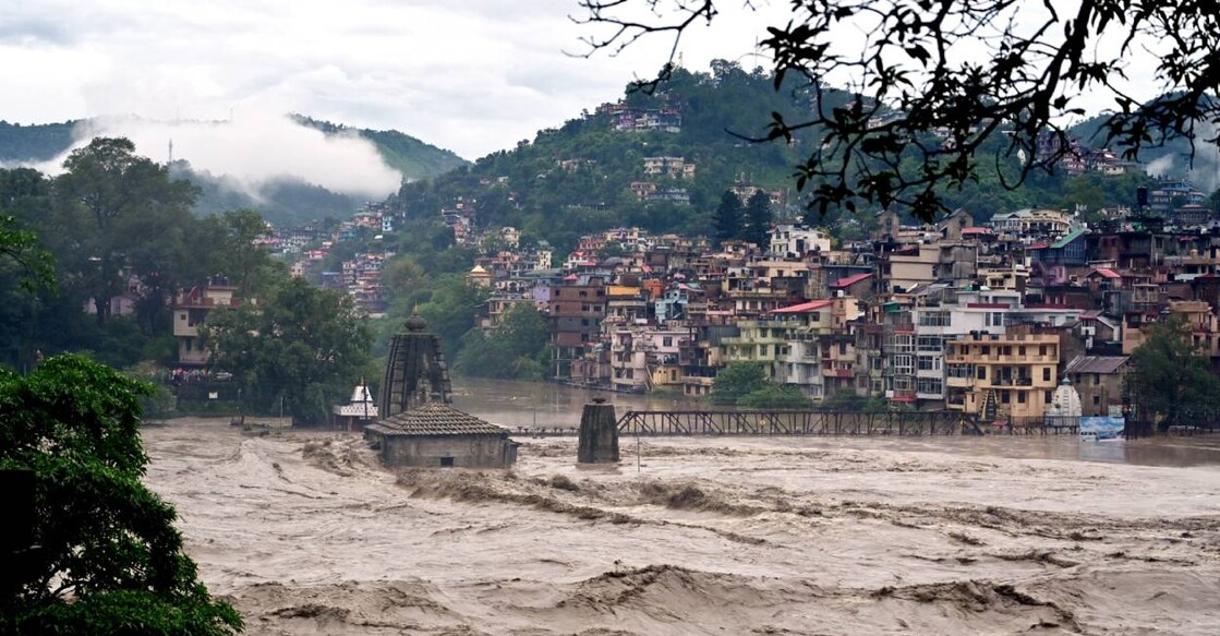 Submerged Panchvaktra Temple in swollen Beas river due to heavy monsoon rainfall, in Mandi district. Photo: PTI