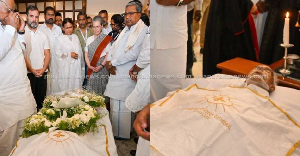 Oommen Chandy homage Congress president M Mallikarjun Kharge, top party leaders Sonia Gandhi and Rahul Gandhi paid homage to former Kerala Chief Minister Oommen Chandy . Photo: Manorama News