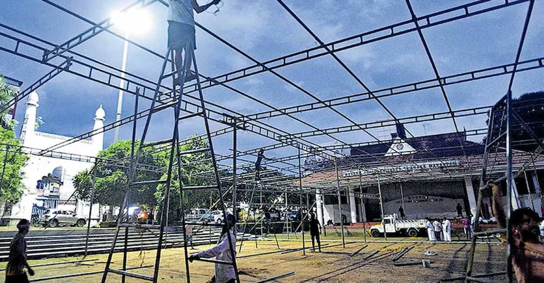 thirunakkara-main Preparations for the public viewing of former Kerala Chief Minister Oommen Chandy's mortal remains at Thirunakkara Maidan on Wednesday. Photo: Manorama