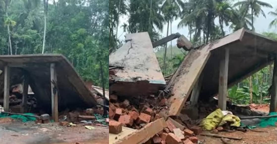 House under construction collapsed during heavy rain in Kannur. Photo: Manorama News