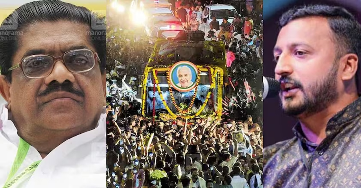 V M Sudheeran (left), former chief minister Oommen Chandy's funeral procession and Rahul Mankootathil (right). Photo: Manorama/ P N Sreevalsan & Arun Sridhar and Facebook/ Rahul Mamkootathil