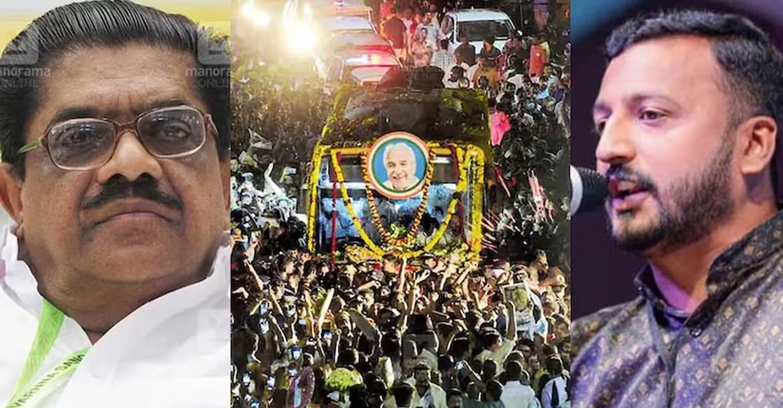 sudheeran-oommen-chandy-main V M Sudheeran (left), former chief minister Oommen Chandy's funeral procession and Rahul Mankootathil (right). Photo: Manorama/ P N Sreevalsan & Arun Sridhar and Facebook/ Rahul Mamkootathil