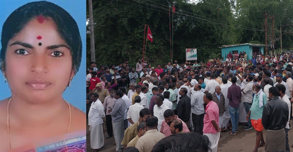 Mother's Sacrifice: Sunitha, 42, died in the elephant attack. Villagers block the Sulthan Bathery-Ooty Road at Koranchal on Friday. Photos: Special arrangement