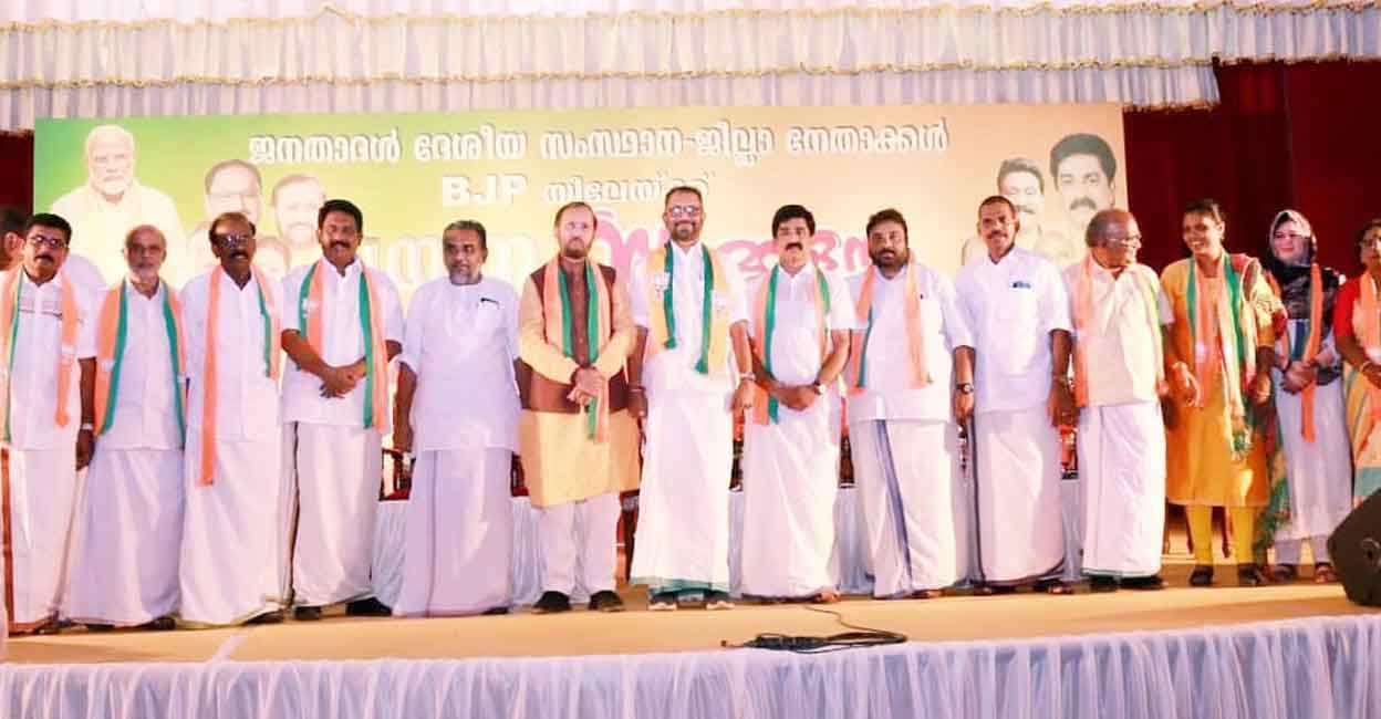 janata-dal-leaders-join-bjp Janata Dal leaders who joined BJP with BJP leaders Prakash Javadekar, K Surendran and K S Radhakrishnan in Kochi on Sunday. Photo: Special arrangement