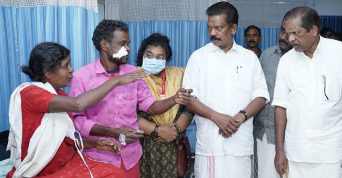 Minister K Radhakrishnan visits the injured at Medical College Hospital, Mananthavady on Saturday. Photo: Special arrangement