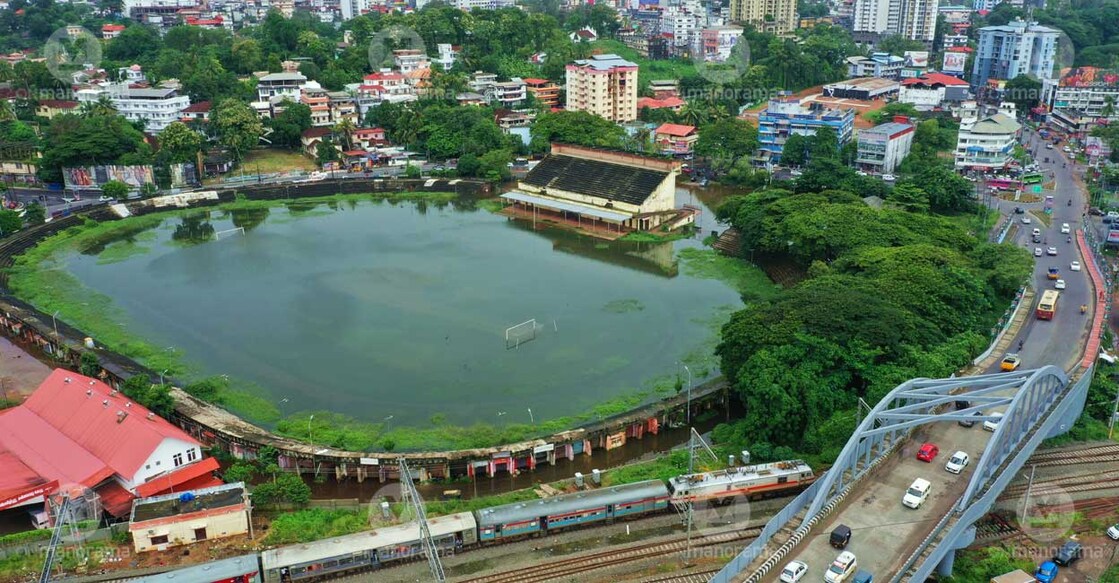 Aerial view of Kottayam stadium after the rain. Photo: Rijo Joseph/Manorama