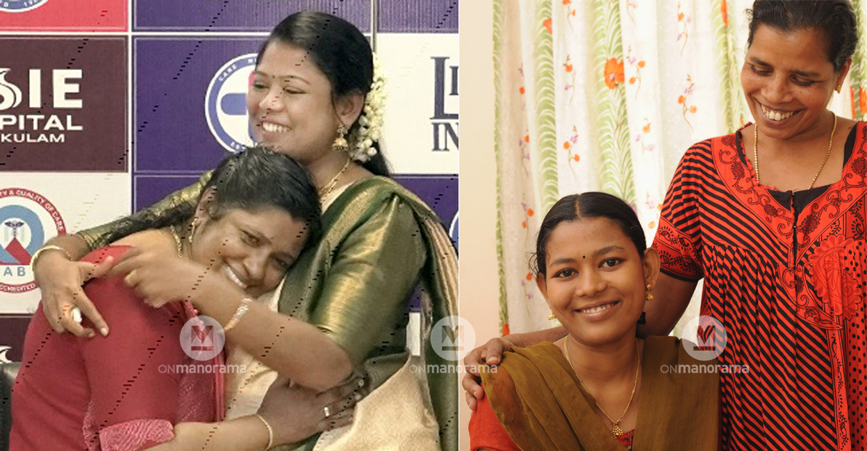 Sruthi hugs Lalichan's sister Elsamma during the tenth anniversary celebrations at the Lisie Hospital in Ernakulam on Saturday. (right) Sruthi with her mother Shantha in 2013. Photos: Special arrangement/Manorama