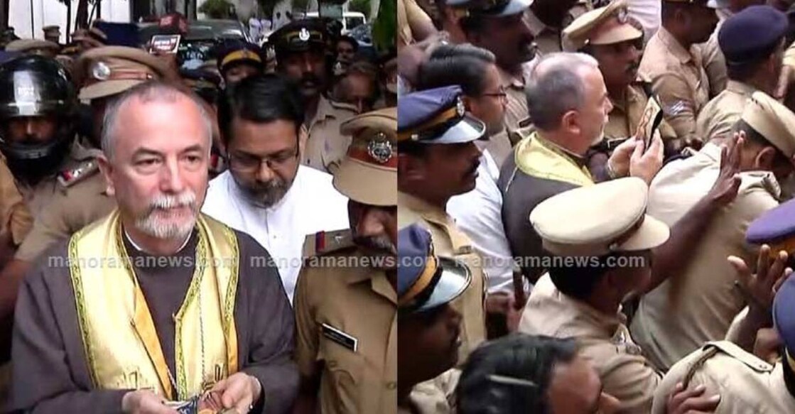 Archbishop Cyril Vasil, a representative of the Pope was blocked from entering the church. Photo: Manorama News