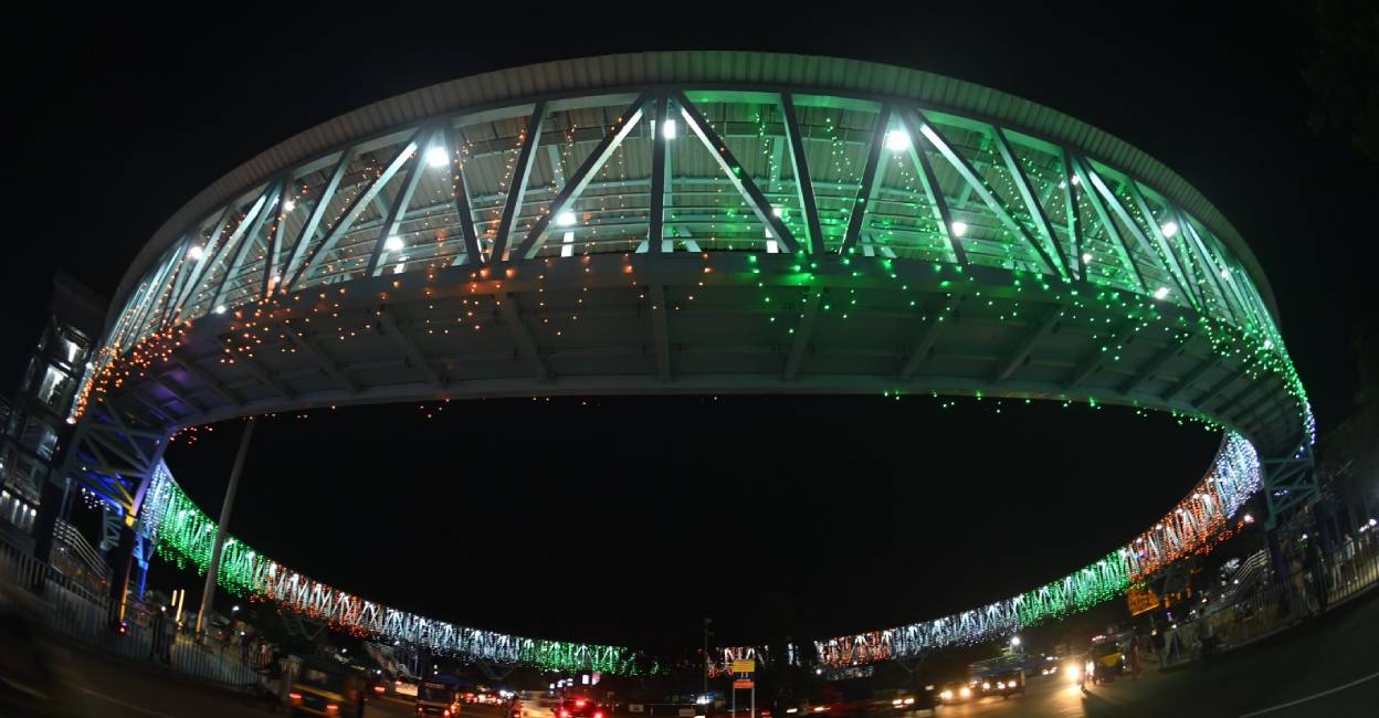 The 279-m-long skywalk in Sakthan Nagar, constructed at a cost of Rs 8 crore, is the longest skywalk built in the state. Photo: Special Arrangement