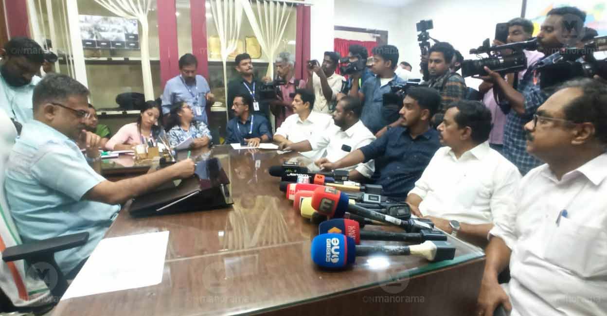 LDF candidate Jaick C Thomas submitted his nomination papers at the Kottayam Revenue Divisional Office. Photo: Manorama