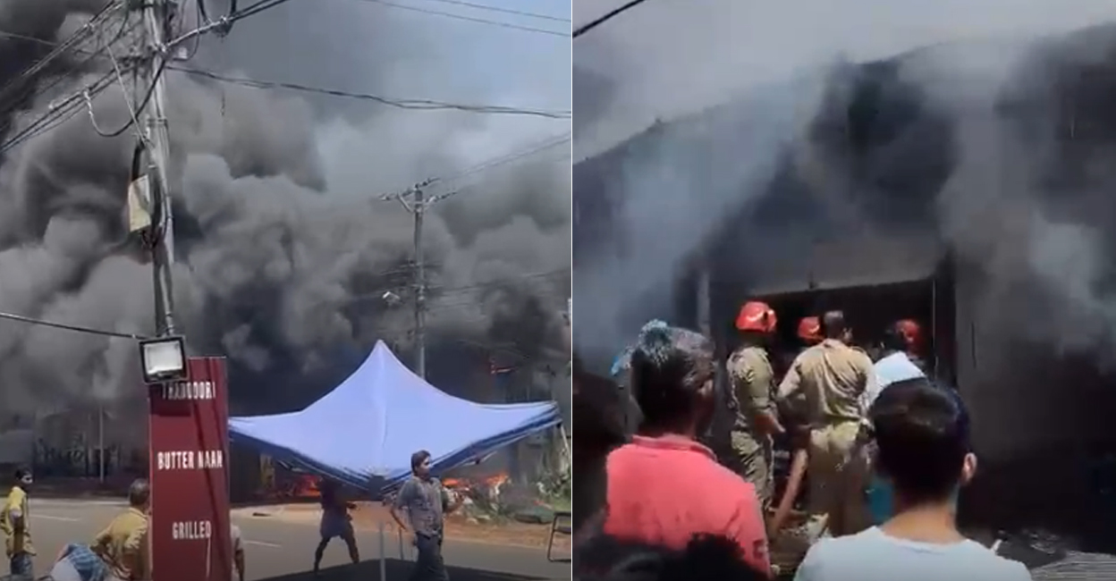 Smoke bellows from the TVS showroom at Karanthur in Kozhikode (left). Fire and Rescue Personnel attempt to douse the fire. Photos: Screengrab 