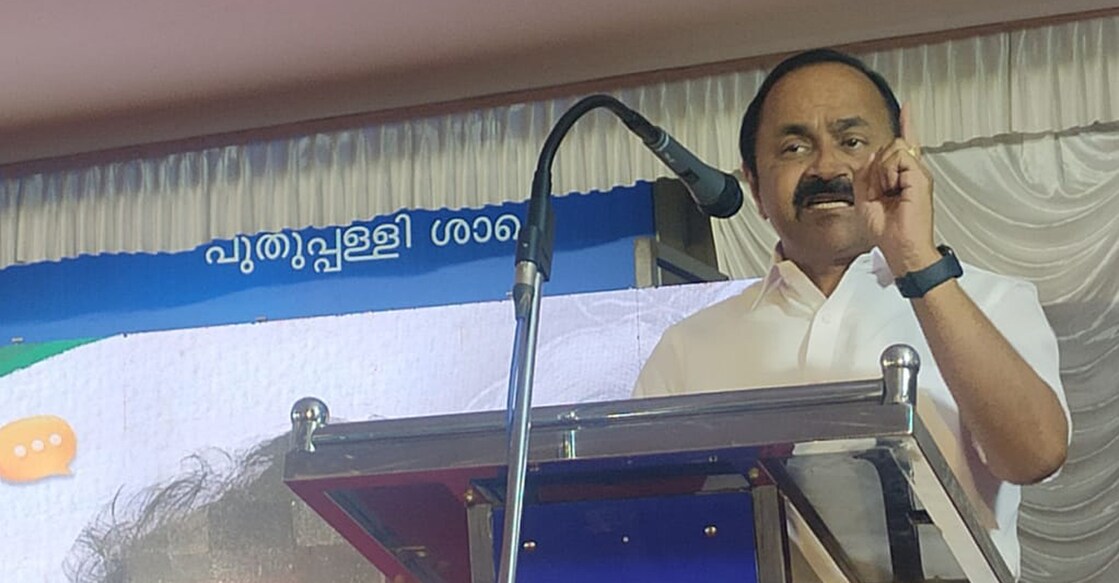VD Satheesan addressing a UDF election event in bypoll-bound Puthuppally on Saturday. Photo: Onmanorama
