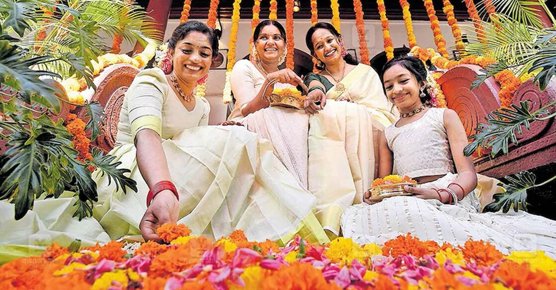 As dawn broke out, joyous children could be seen rushing out to pluck colorful flowers to lay beautiful pookkalams in front of their homes as the households joined them. Photo: Manorama/ Jithin Joel Harim