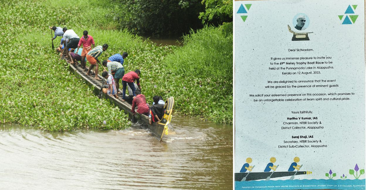 People try to navigate a countryboat through a water hyacinth-infested lake in Alappuzha (left). The invitation for the Nehru Trophy Boat Race made from water hyacinth. Photos: Manorama/Special arrangement