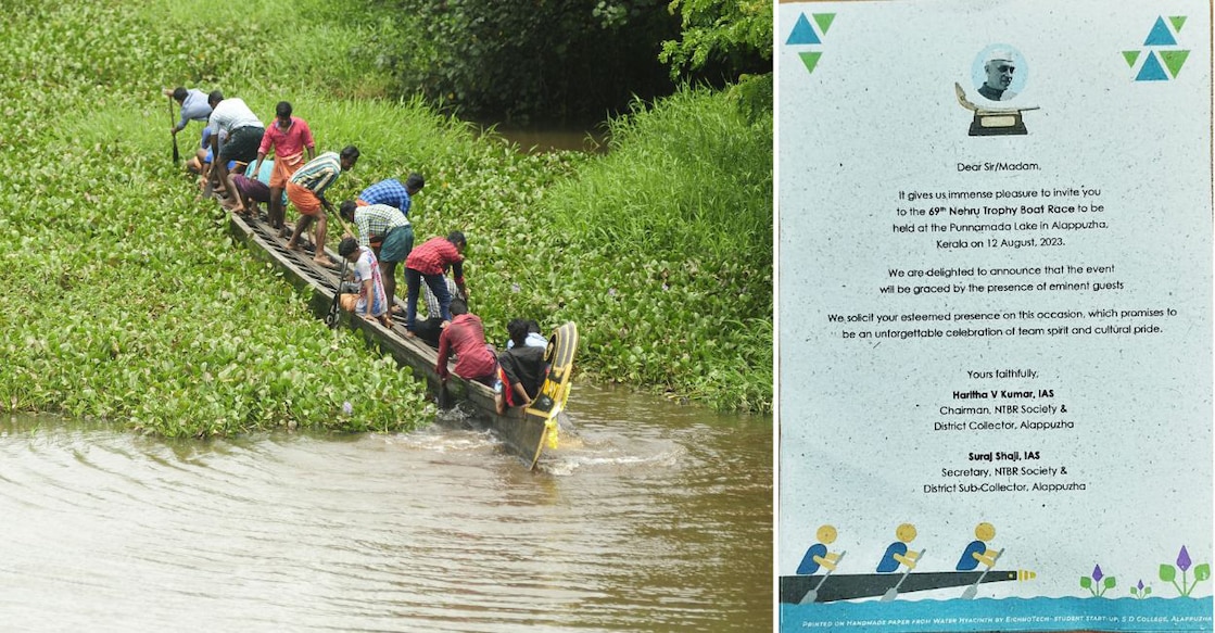Untitled design - 1 People try to navigate a countryboat through a water hyacinth-infested lake in Alappuzha (left). The invitation for the Nehru Trophy Boat Race made from water hyacinth. Photos: Manorama/Special arrangement
