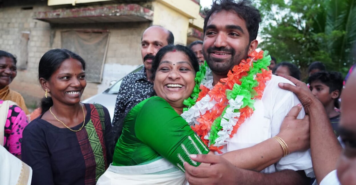 Chandy Oommen UDF candidate Chandy Oommen get a hug from a voter in Manarcadu. Photo: Arun Chandrabose