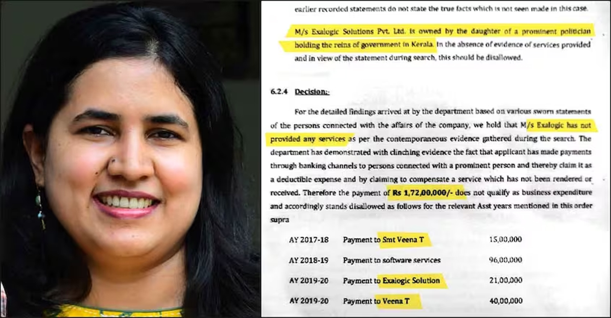 veena-cm-daughter-main The Income Tax Department argued that a total of Rs 1.72 crore was received by Veena and Exalogic during 2017–20, which is an "illegal transaction". Photo: Manorama