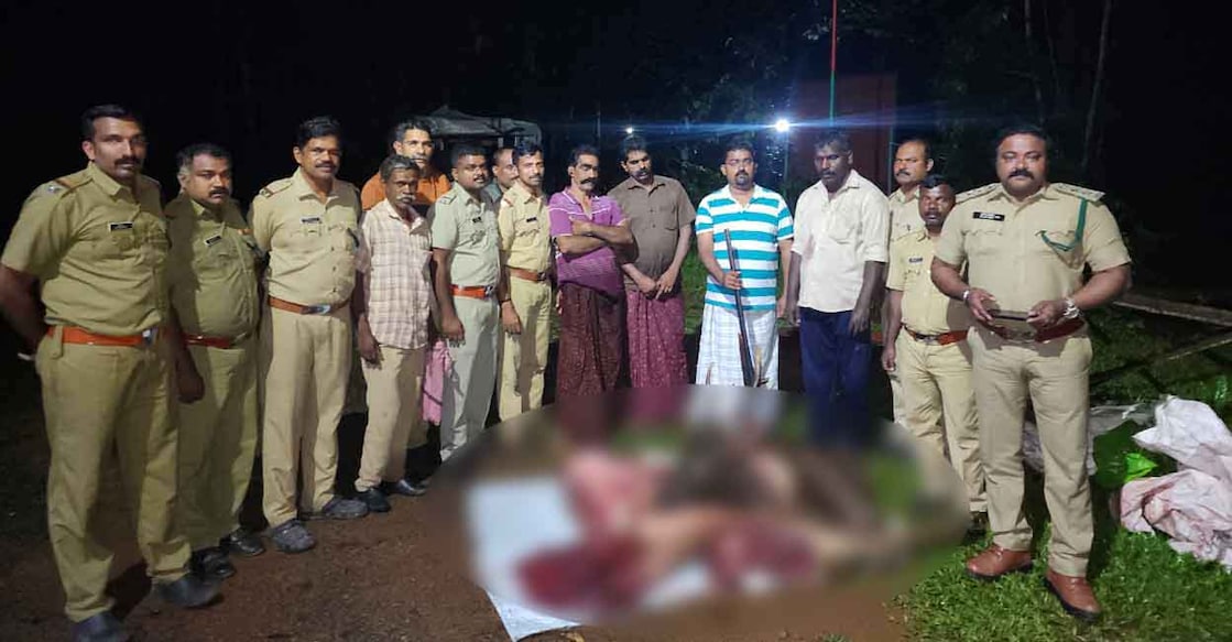 Sambar deer hunt The arrested persons, meat, gun, and ammunition seized from them. Photo: Special arrangement
