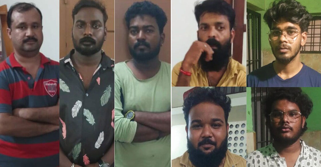 L-R: The first accused, Bronson, accomplices Nidhin and Arun. The other accused, (clockwise) Rajesh, Midhun, Vivek and Vinil. Photos: Special arrangement