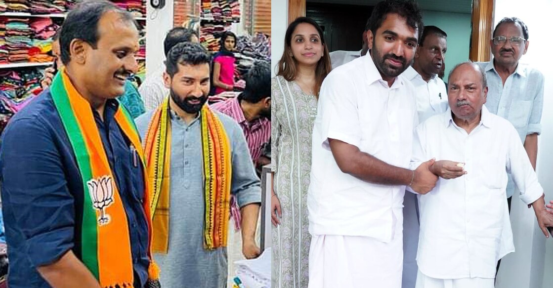 Anil K Antony with BJP candidate Lijin Lal (left). AK Antony with UDF candidate Chandy Oommen in Puthuppally on Friday. Photos: Special arrangement