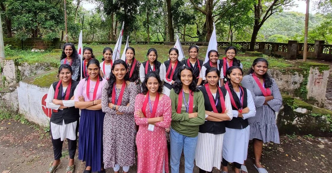 Chairperson Shreya Jayan with the rest of the newly elected Students' Union team at E K Nayanar Memorial Government College at Elerithattu on Friday. Photo: Special Arrangement
