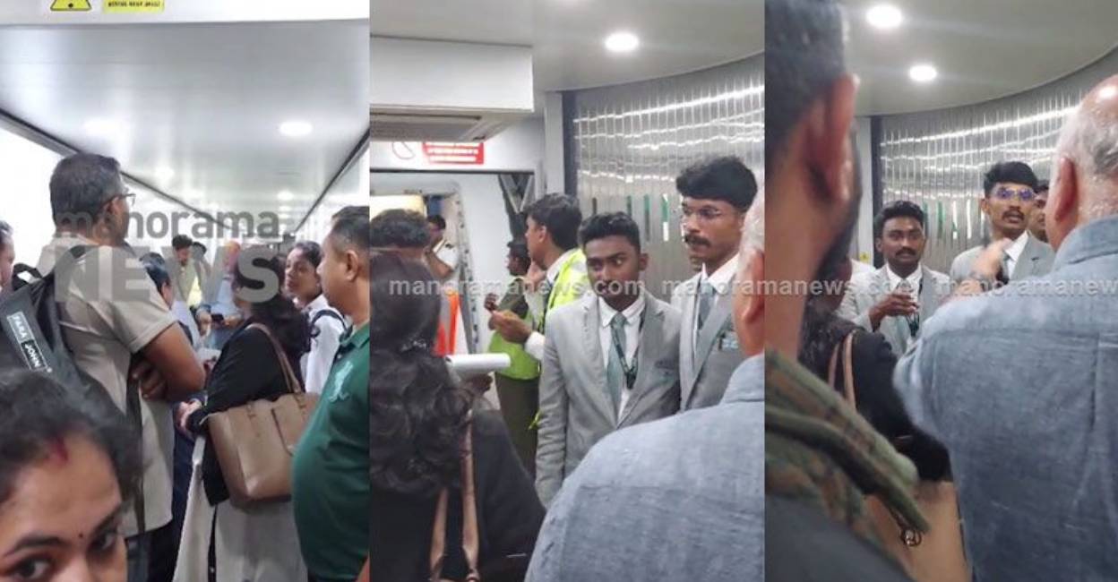 Passengers argue with airline staff in Kochi airport. Photo: Screengrab/ Manorama News