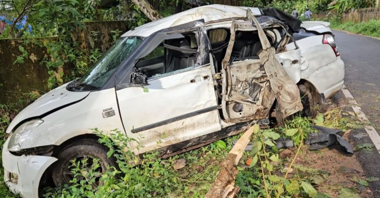 The car after ramming into a tree in Vanchippura near Kaipamangalam. Photo: Special Arrangement