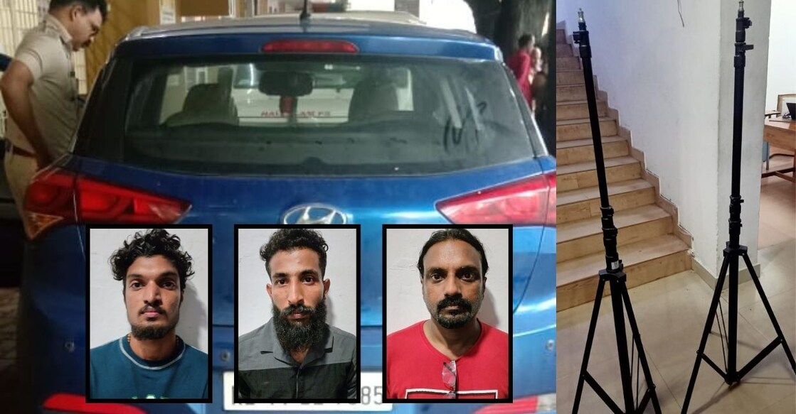 The drug was seized from camera tripods (right) inside the car. Abhilash, Bineesh and Prajosh (inset). Photos: Special arrangement 