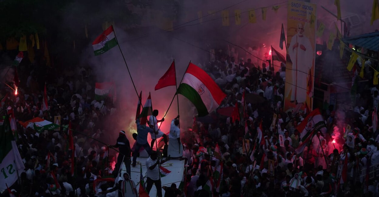 Pampady turned a sea of people in the afternoon with thousands flocking there waving flags and shouting slogans. Photo: Special arrangement 