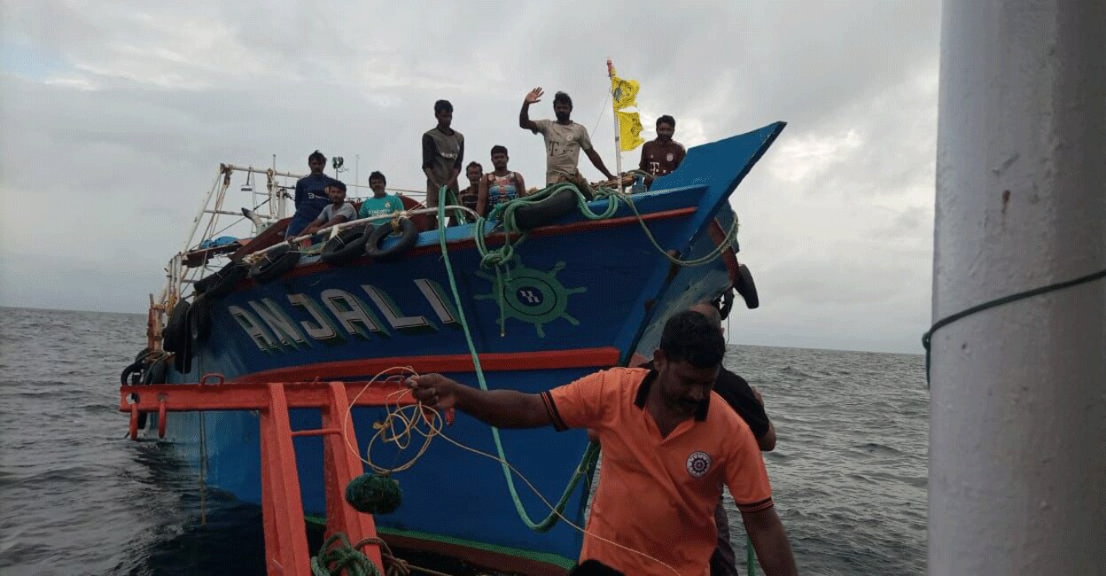 Fishermen onboard the boat 'Anjali' being rescued on Saturday. Photo: Special arrangement