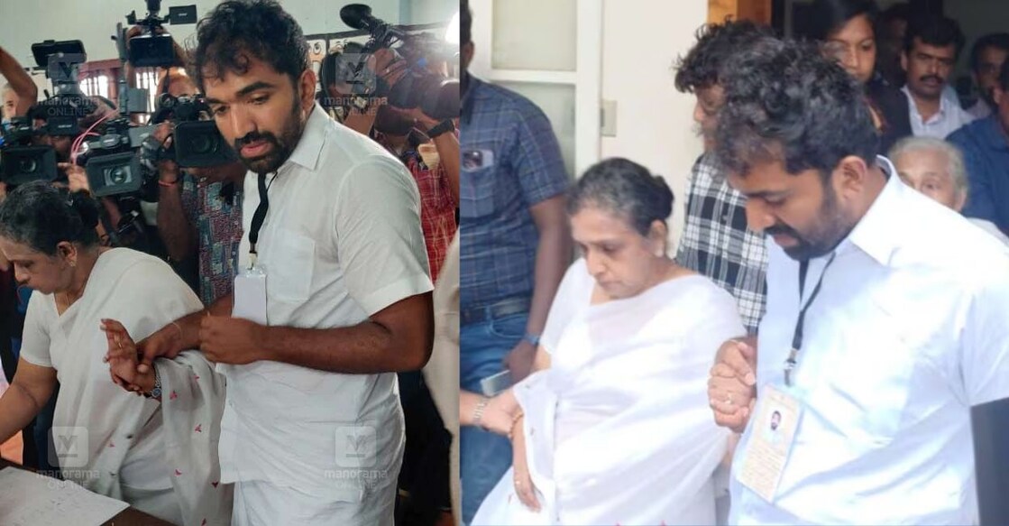 UDF candidate Chandy Oommen and mother Mariamma Oommen reach Puthuppally Georgian Public School to cast their vote. Photo: Rijo Joseph/Manorama