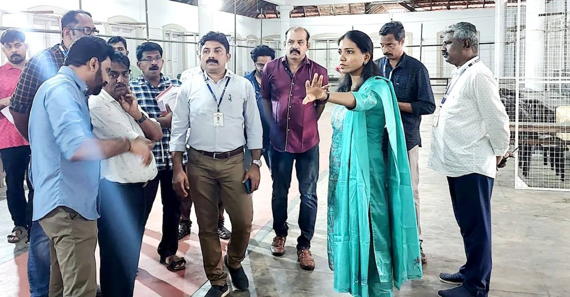 kottayam-collector-bypoll-result-arrangements District Collector V Vigneswari, who is also the district election officer, on Thursday takes stock of the arrangements at Baselius College, Kottayam where votes polled for Puthuppally byelection will be counted on Friday. Photo: Special Arrangement