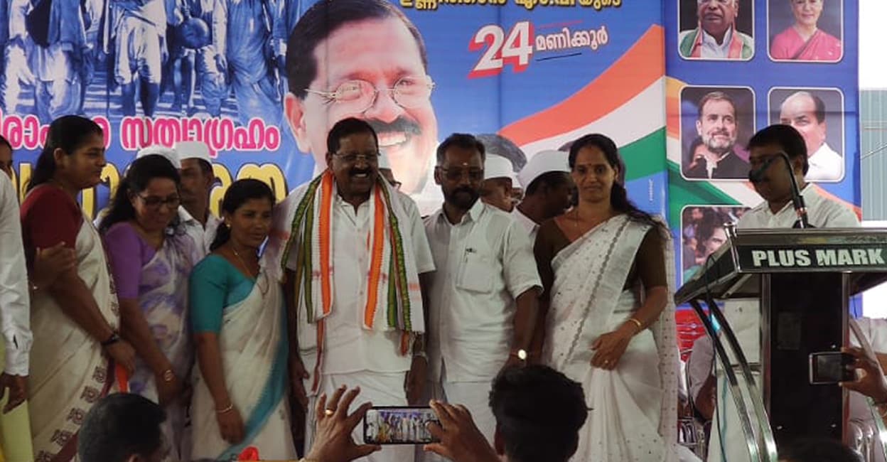 congress-rajmohan-unnithan Congress MP Rajmohan Unnithan begins 24-hour hunger strike 'to protect the Constitution, against the uniform civil code and 'genocide' in Manipur, in Kasaragod on Saturday. Photo: Special Arrangements
