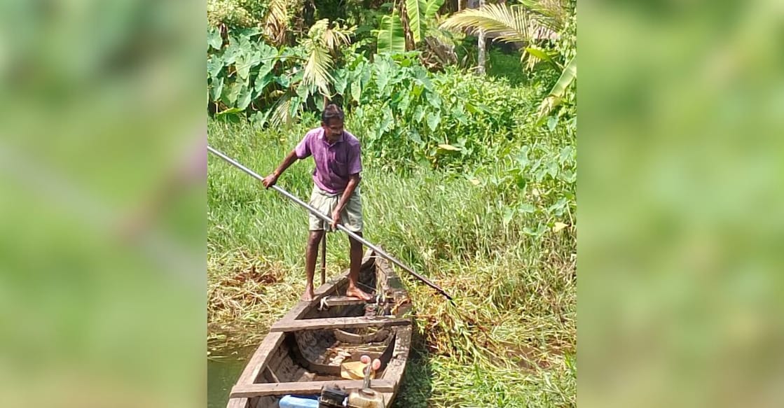Anil Kumar removes weed accumulated in Pullandi river. Photo: Special Arrangement