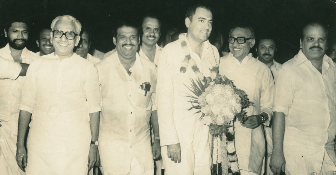 th-musthafa-rajiv-gandhi From left: G Karthikeyan, VS Vijayaraghavan, K Karunakaran, CV Padmarajan, TH Musthafa, Rajiv Gandhi, KK Ramachandran, AA Rahim, MM Hassan and MP Gangadharan. Photo: File/Manorama