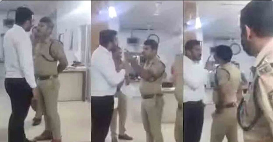A video grab of the argument between Adv Aqueeb Suhail and SI VR Rineesh at Alathur police station. 