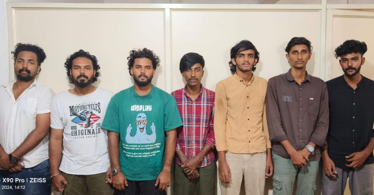 The seven-member gang -- Mohammed Ashfaq, Mohammed Sabir, Hamsathul Tashreeque, Pothukadan Mohammed Ajnas, Mohammed Ramees, Mohammed Thasreef and Pakkattil Fayiz -- were arrested from a remote resort at Kodikuthimala in Perinthalmanna. Photo: Special Arrangement